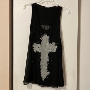 Sexy Black sleeveless tank w beaded paintbrush style cross and sheer back